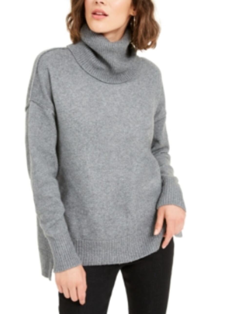 Bar III Becca Tilley Gray Knit Split Hem Oversized Turtleneck Sweater Medium NWT